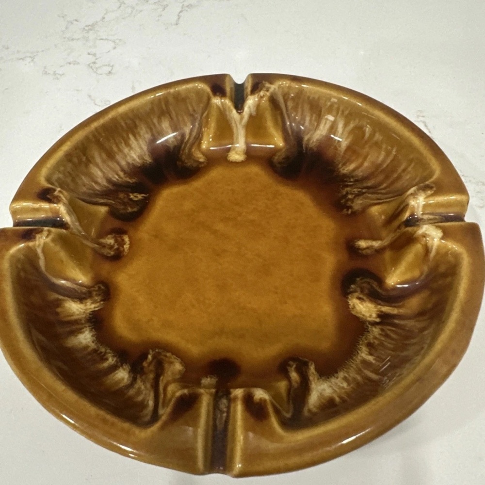 Vintage California USA Pottery Ashtray 1960s Brown Drip Glaze